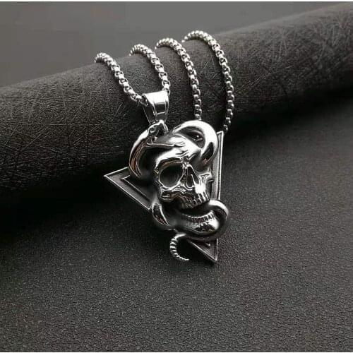 POTCET Mens Stainless Steel Skull and Snake Titanium Steel Pendant Necklace Retro Fashion Hip Hop Party Jewelry