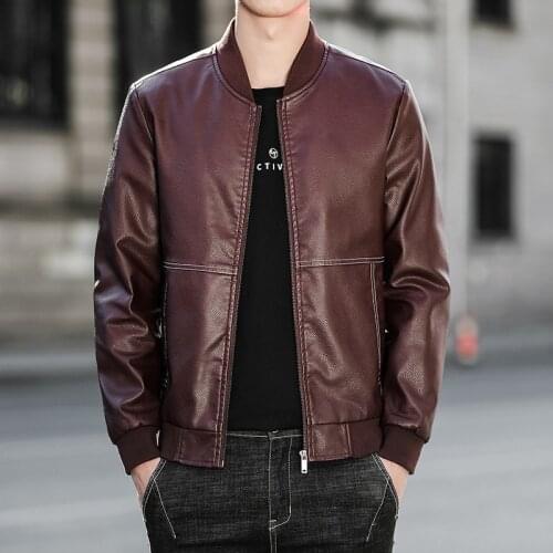 2021 Mens Spring and Autumn New Leather Coat Youth Trendy Slim Handsome Motorcycle Leather Clothing with Stand Collar
