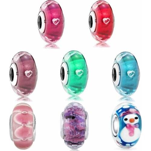 Original Colorful Cerise & Pink Heart Murano Glass Shoreline Sea Charms Fit Pandora Bracelet 925 Sterling Silver Bead Jewelry