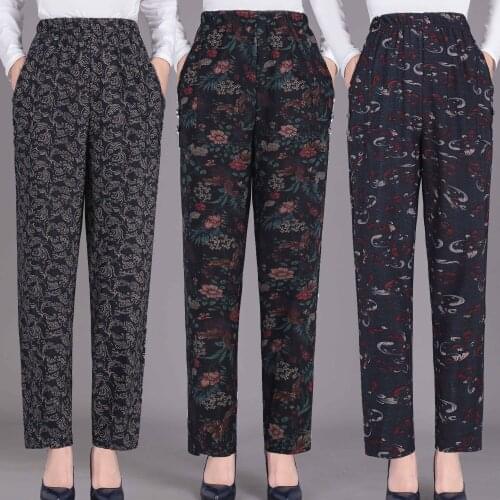 2021 Autumn Winte Casual Straight Pants High Elastic Waist Pants Printed Middle Aged Women Thicken Warm Plus Velvet Trousers