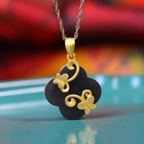 Ancient gold craftsmanship inlaid natural Hetian jade smoke purple clover shape two butterfly ladies clavicle necklace pendant