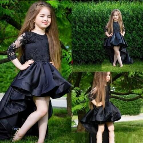 Amaya Black High Low Flower Girl Dress for Wedding Long Sleeve O Neck Satin Puffy Communion Gown Christmas Dress for Party