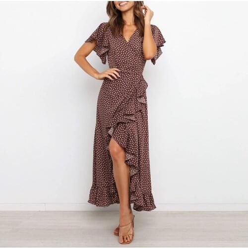 Summer Floral Ruffles Short Sleeve Casual Long Dress Women Lace Up Slim High Waist Robe Elegant Maxi Beach Sundress Female
