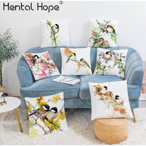 Flower Bird Printed Plush Cushion Cover Cartoon Pattern Sofa Throw Pillow Cover Home Decor Square Decorative Pillowcase