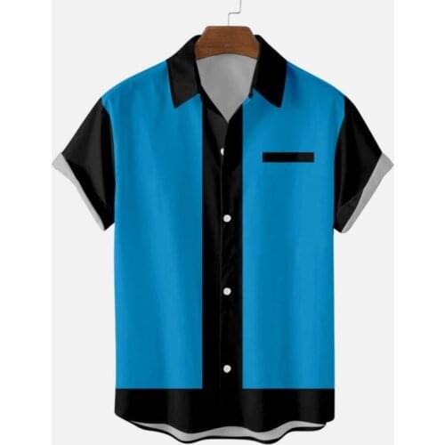 Mens 50s Vintage Bowling Button Up Shirt Patchwork Printed Shirts for Men Summer Light Lapel Short Sleeve Blouse Tops
