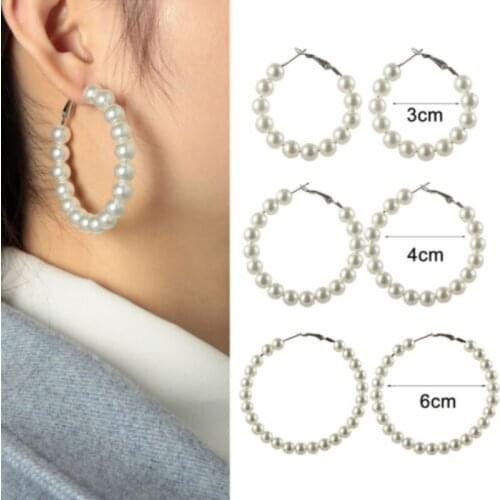 Women Elegant White Pearls Round Hoop Earrings Girl Birthday Party Big Pearl Circle Round Earrings Wedding Fashion Jewelry