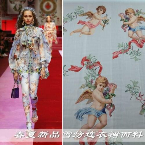 New spring and summer cute angel print chiffon clothing fabric thin drape perspective handmade DIY dress shirt fabric