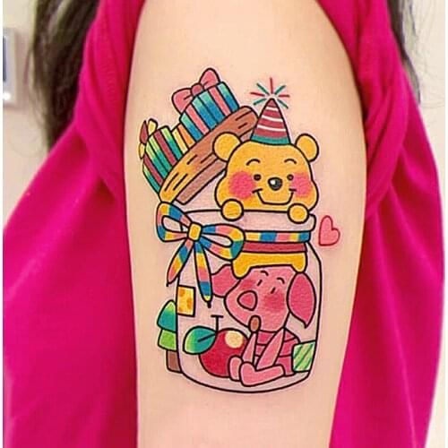 Disney Pink Pooh Bear Tattoo Stickers for Women Harajuku 90s Aesthetic Y2K Fashion Cartoon Animal Disposable Tattoo Stickers