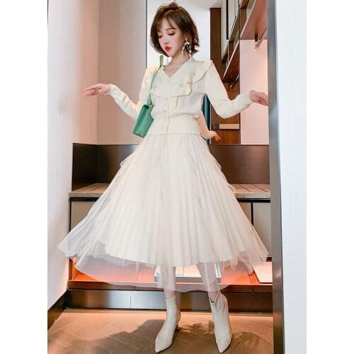 Temperament v-neck ruffled cardigan fairy mesh skirt set womens winter new High Quality