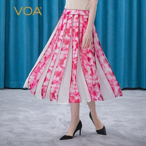 VOA 100% Silk Georgette 12m/m Rose Gradients Halo Dyed White Stitching Natural Waist Side Pull Elegant Pleated Woman Skirts CE55