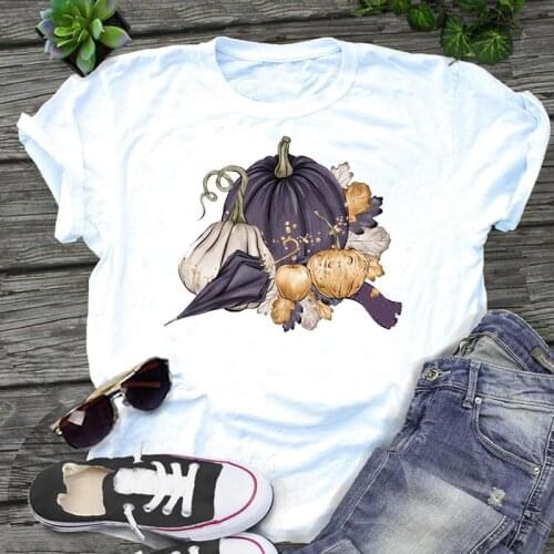 Fall Autumn Vintage Lovely Graphic Tees Women Pumpkin Halloween Thanksgiving Cartoon Print Female Clothes Tops Tshirt T-Shirt