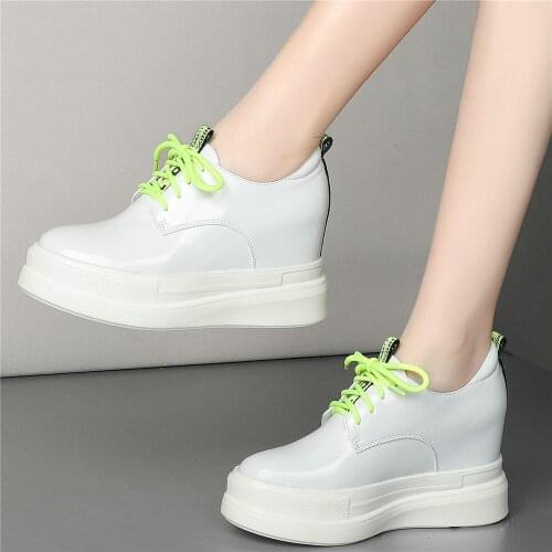9cm High Heel Creepers Women Lace Up Genuine Leather Hidden Wedges Ankle Boots Female Round Toe Fashion Sneakers Casual Shoes