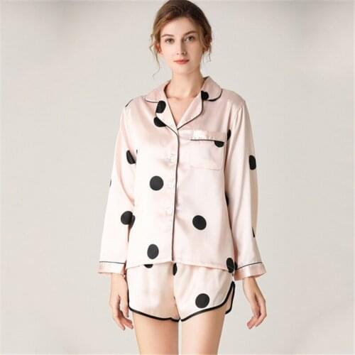Pajamas womens long-sleeved shorts two-piece suit comfortable casual cardigan home service wave dot Nightgown pyjamas women