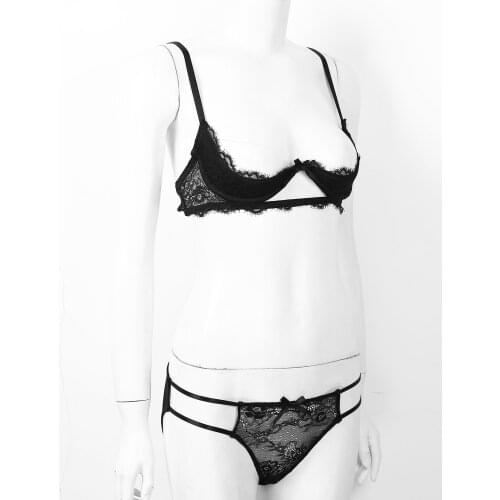 Womens Erotic Lace Lingerie Set Adjustable Spaghetti Straps 1/4 Sponge Cups Underwired Bra Top with Low Rise G-string Briefs