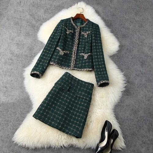 STREET 2021 HIGH New Designer Runway Suit Set Womens Plaid Tweed Jacket Skirt Set