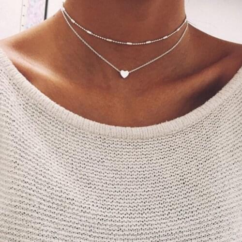 Simple Boho Gold Color Silver heart Bead Multilayer Necklace Chockers For Women Bijou Necklaces Pendants Stratification Chokers