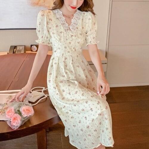 Elegant Floral Dress Women Sweet Vintage Frence V-neck Slim Chiffon Dress Female Casual Puff Sleeve Pretty Dress 2021 Summer New