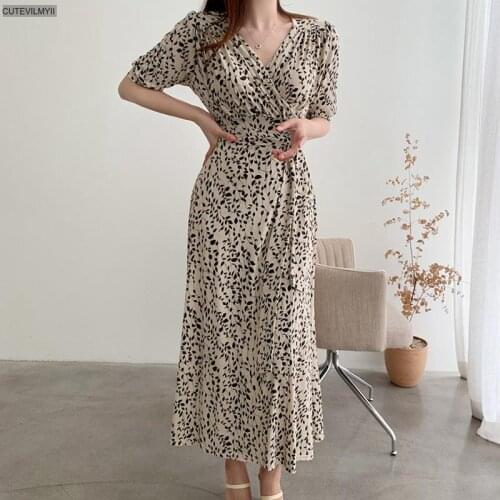 Vintage Korean Style Dresses for Women V Neck Floral One-Piece Sexy Chiffon Kawaii Pleated Dress Elegant Vestidos Summer 2021