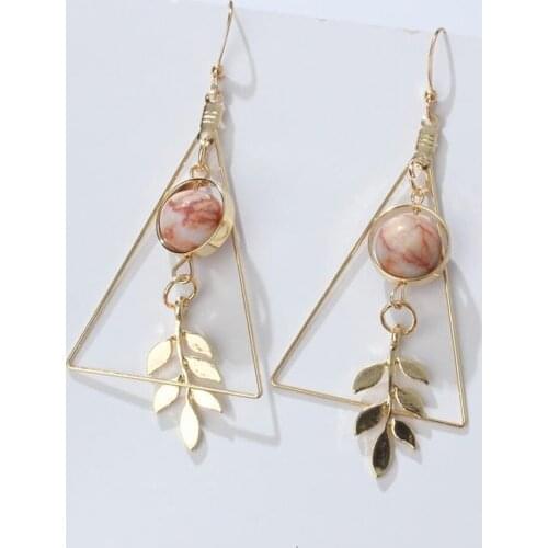 1 Pair Vintage Hollow Triangle Marble Bead Earrings for Women Girls Fashion Elegant Metal Leaf Drop Earrings