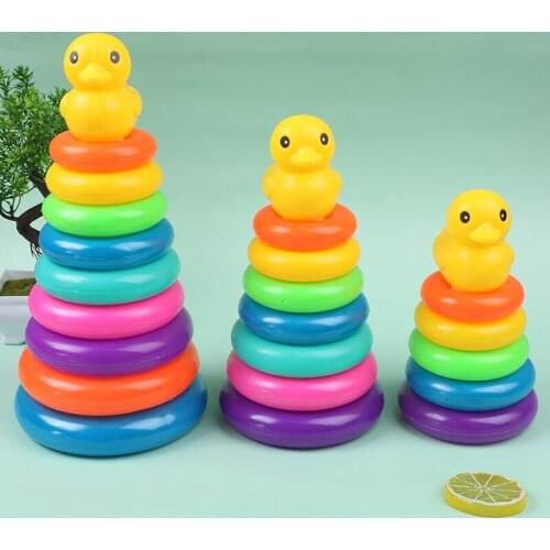 1Pc Childrens Little Yellow Duck Jenga Rainbow Tower Stacking Circle Baby Early Childhood Education Puzzle Ring Toy Kids Toys