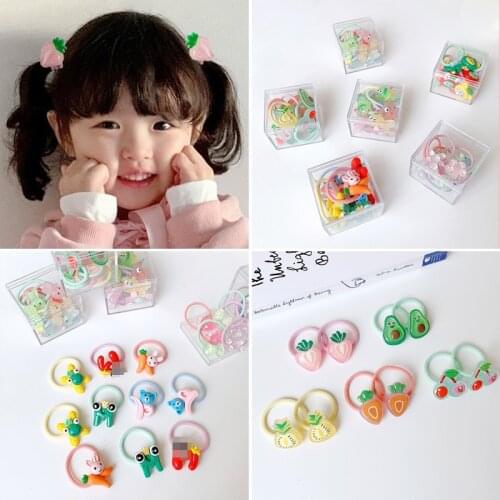 10 Pcs/Box Children Cute Acrylic Cartoon Fruit Flower Scrunchies Rubber Bands Girls Lovely Hair Bands Kids Hair Accessories