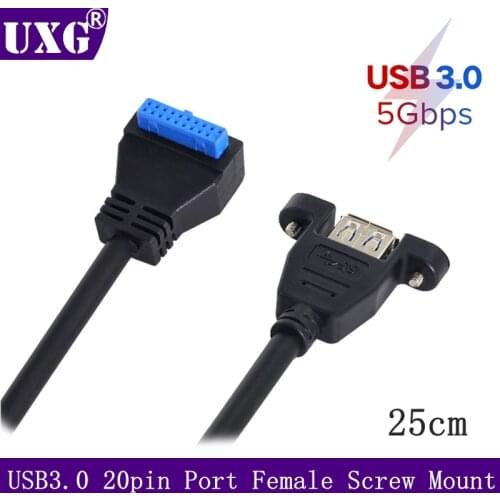 90 Degree Angled USB 3.0 Single Port A Female Screw Mount Type to Up & Down Angled Motherboard 20pin Header Cable 25cm