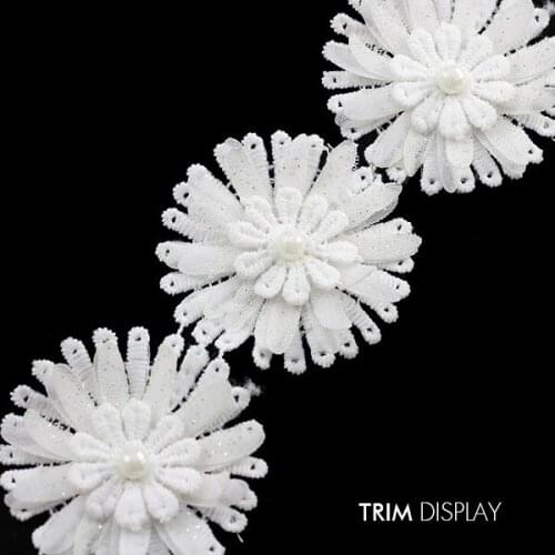 White Beaded Pearls Glitter Flower Lace Fabric Ribbon Trim Applique Scrapbooking Sewing Venise for Wedding Dress 10yard/T880