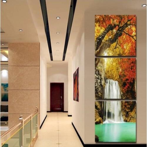 Unframed Beautiful Fall Waterfall Landscape Canvas Painting 3 Pieces Wall Art Chinese Scenery Flower Modern Home Decor