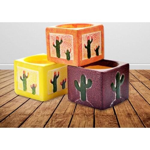 Home Garden Mini Cute Hand Painted Cactus Square Ceramic Succulent Flower Pot Green Plant Flower Pot Balcony Potted Plant