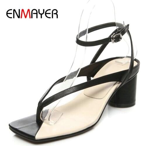 ENMAYER Genuine Leather Buckle Strap Synthetic High Heels 2020 Luxury Shoes Women Designers PU Square Toe Wedding Shoes Woman