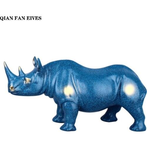 European blue resin rhino statue，Modern art sculpture，Wild animal statue，High-end home decorations，Office decorations statues