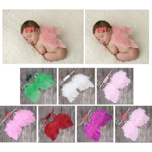 Baby Photography Newborn Angel Feather Wings with Baby Girl Rose Flower Headband Decoration Infant Photography Prop