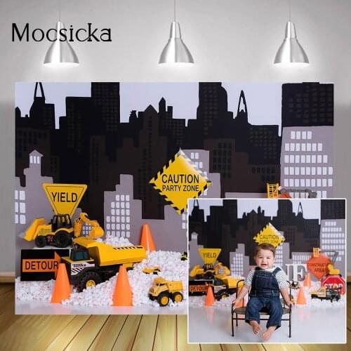 Under Construction Cake Smash Backdrop Newborn Kids Baby Birthday Portrait Photo Background Dump Truck Digger Zone Photocall