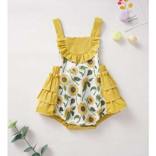 0-24M Newborn Kid Baby Girls Clothes Sunflower Printed Romper Off Shoulder Ruffles Sleeveless Body Top Elegant Cute Outfit