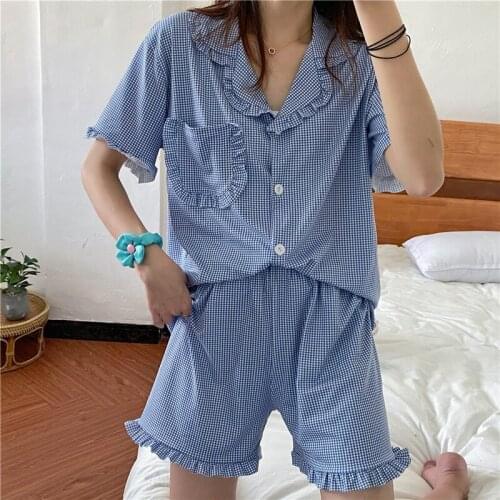 2021 Summer Korea Sweet Girl Plaid Pajamas Set Short Sleeve Shorts Nighty Cute Peter Pan Collar Ruffled Sleepwear Pyjama