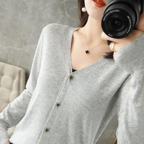 LHZSYY 2021 Spring New Womens V-Neck Pure Wool Jacket Thin Knit Cardigan Wild Short Cashmere Sweater Long-Sleeved Plus Size Top