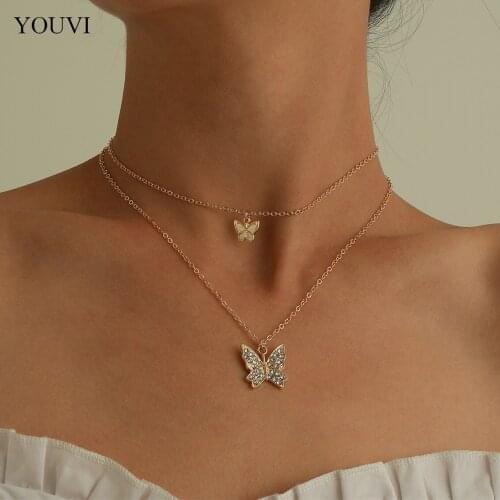 YOUVI Layered Crystal Butterfly Pedants Necklace for Women Bohemia Goth Chains Necklace Jewelry Choker Collar Charm