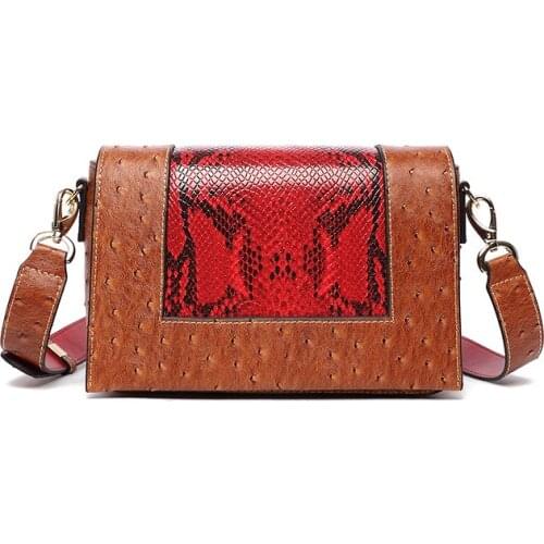 Retro fashion leather handbags ostrich pattern with color leather vegetable tanned leather shoulder slung ladies square bag
