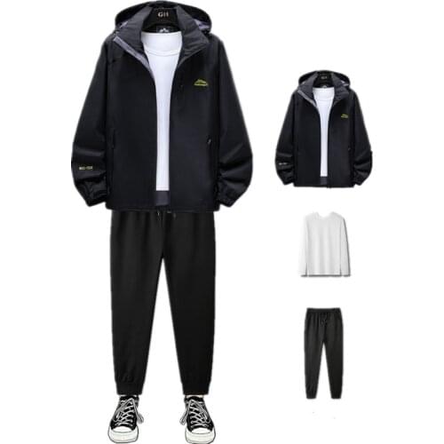 Men Softshell 3 Piece Casual Windbreaker Lightweight Hooded Sport Jacket Loose Fit Joggers Pants Skateboard Crewneck Sweatshirt