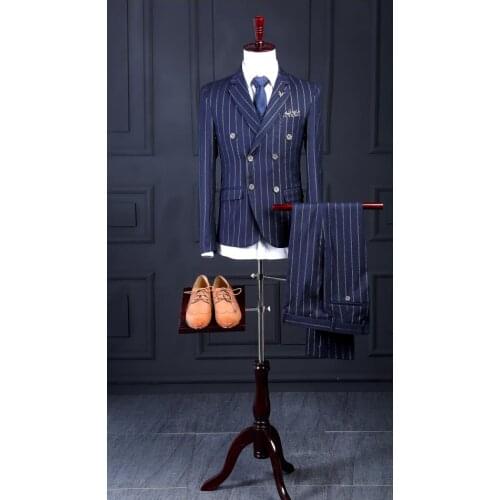 2017 Latest Coat Pant Designs Navy Blue Stripes Men Suit Slim Fit Skinny 3 Piece Suits Prom Tuxedo Custom Groom Blazer Masculino