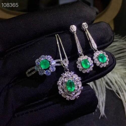 Natural green emerald jewelry sets natural gemstone ring Earrings Pendant 925 silver Stylish round Sun flower women fine jewelry