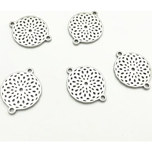 5Pcs Delicate Round Flower Pendant 18*23mm Stainless Steel Never Fade Jewelry Diy Handmade Bracelet Making