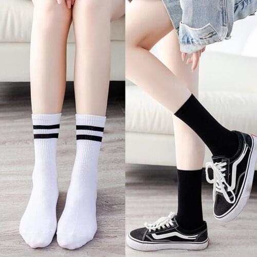 Black White Socks Women Cotton Solid Color Stripe Casual Crew Sock Standard Thickness Spring Summer Autumn Size 36-40