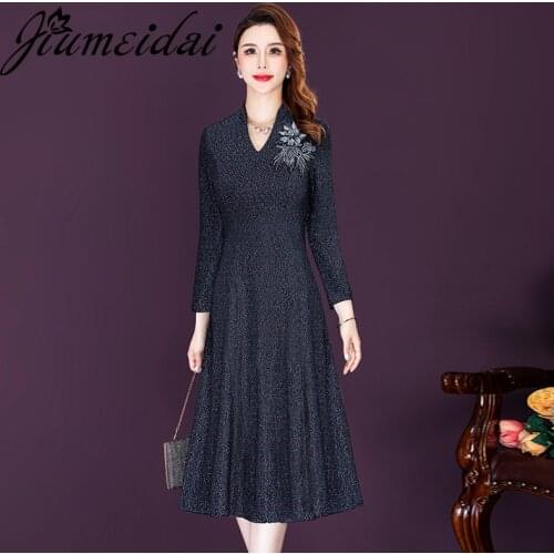 JiuMeiDai 2021 Women Autumn Elegant A-Line Dress Office Lady Embroidery Robe Femme Vintage Designer Party Clothing Plus Size