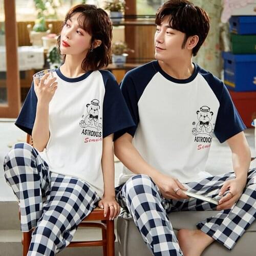 Cotton Couple Pajamas Set Short Sleeve Plaid Cartoon Women Sleewpear Casual Homewear Fashion Blue Patchwork Summer Style Pajamas