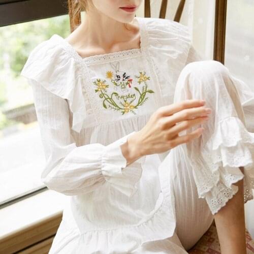 Embroidery 100% Cotton Princess Pajamas Set Palace Women Sleepwear Loose Fall Winter Pijamas Female Long Sleeve Pyjamas Suit