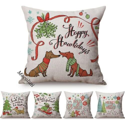 Hand-Painted Cartoon Christmas Home Decoration Sofa Pillow Case Cute Dachshund Wishes Letter Print Kids Room Seat Cushion Cover