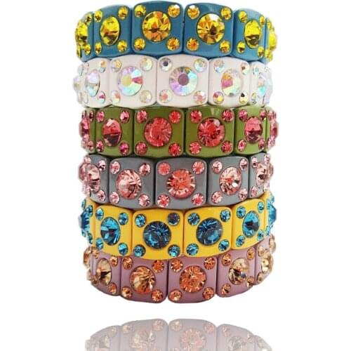 Happy New Year Tile Bangle Bohemian Alloy Painted Elastic Rope Zircon Bracelet Crystal Glass Rhinestone Bangle