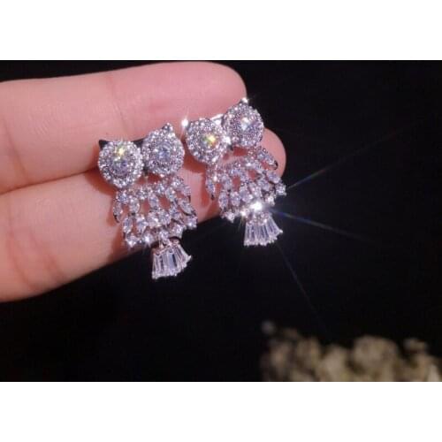 S925 Sterling Silver Stud Earrings Exquisite Pave Top CZ Cute Owl Earrings For Women Luxury Jewelry