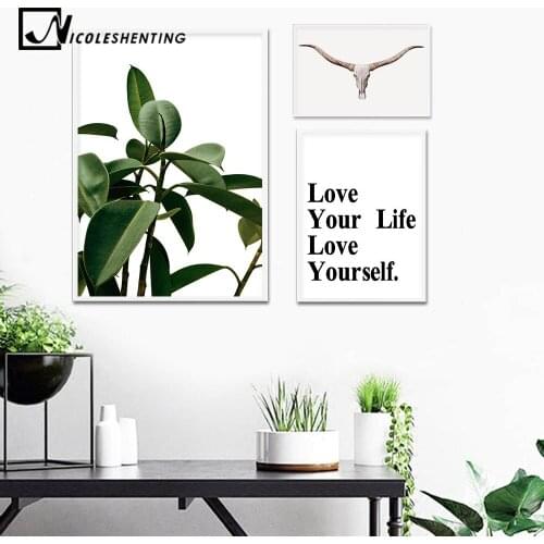 Scandinavian Green Leaf Wall Art Canvas Poster Nordic Minimalist Print Painting Life Quote Motivation Pictures Living Room Decor